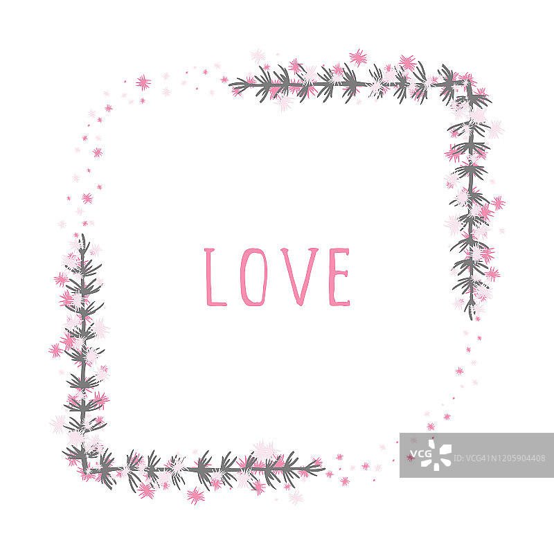 矢量手绘插图的文字爱和花卉矩形框架。图片素材