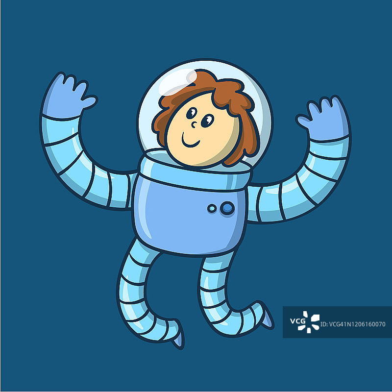 卡通女孩宇航员穿着太空服漂浮在太空中，有趣的角色。平面向量插图。图片素材