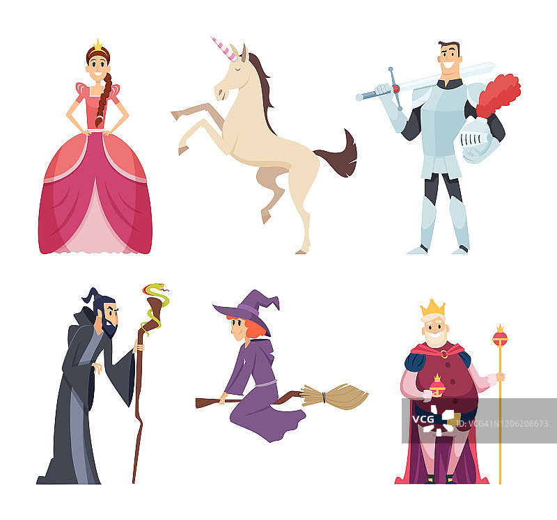 童话人物。精灵女王幻想王国吉祥物男孩女孩动物矢量卡通图片图片素材