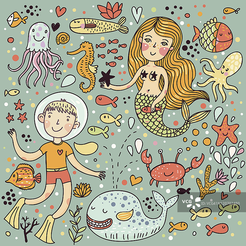 小男孩在水下与美人鱼和海洋动物的卡通图片素材