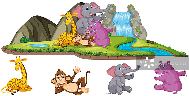 瀑布旁有四种动物图片素材