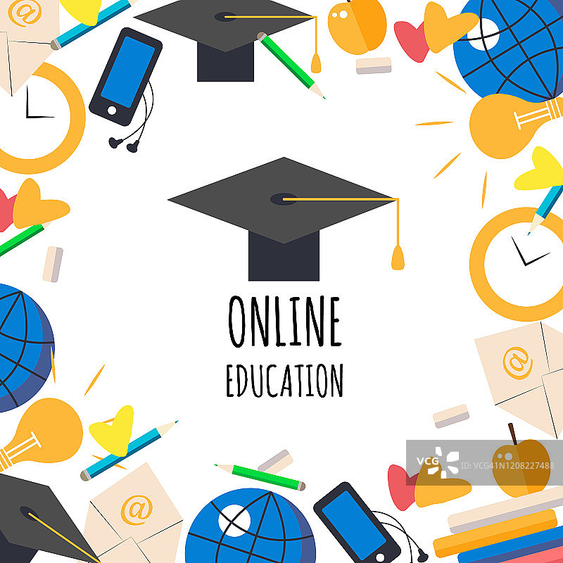 图标的毕业帽与不同的元素为在线教育。图片素材