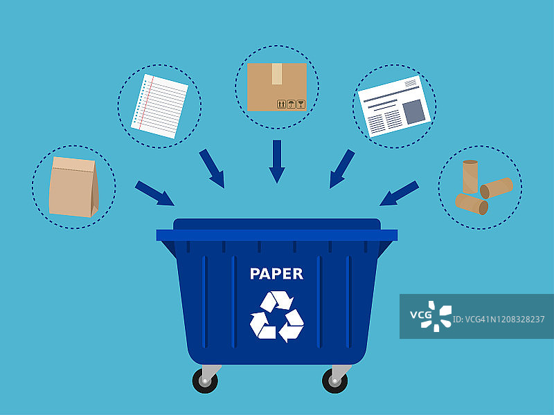 蓝色垃圾桶和纸张废料适合回收利用。图片素材