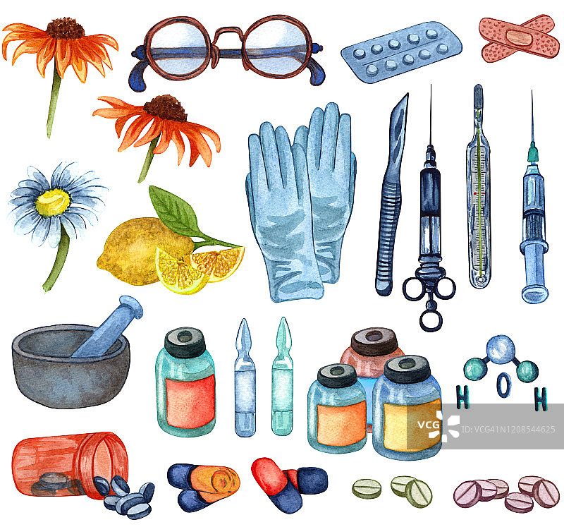 水彩画一套医疗或制药设备、药品、药丸、针剂和工具。卫生保健手绘元素孤立在白色图片素材