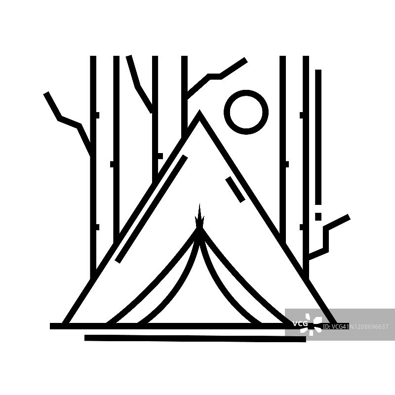 森林营地线图标，概念标志，轮廓矢量插图，线性符号图片素材