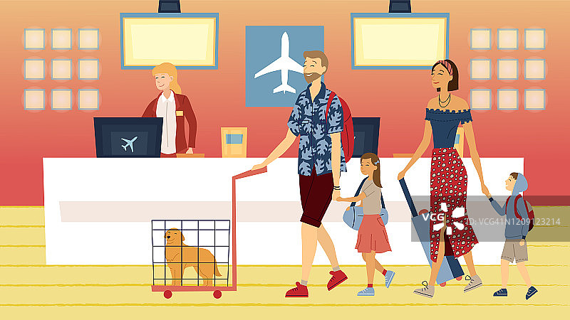 家庭旅游的概念。带着行李的幸福家庭一起旅行。带着孩子和狗的父母在机场接待处准备度假。卡通平的风格。矢量图图片素材
