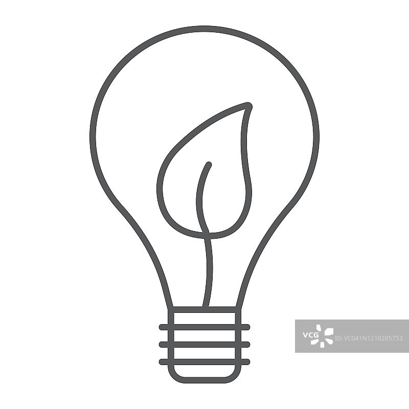 生态能源细线图标，技术和生态，带有叶子标志的灯泡，矢量图形，白色背景上的线性图案，eps 10。图片素材