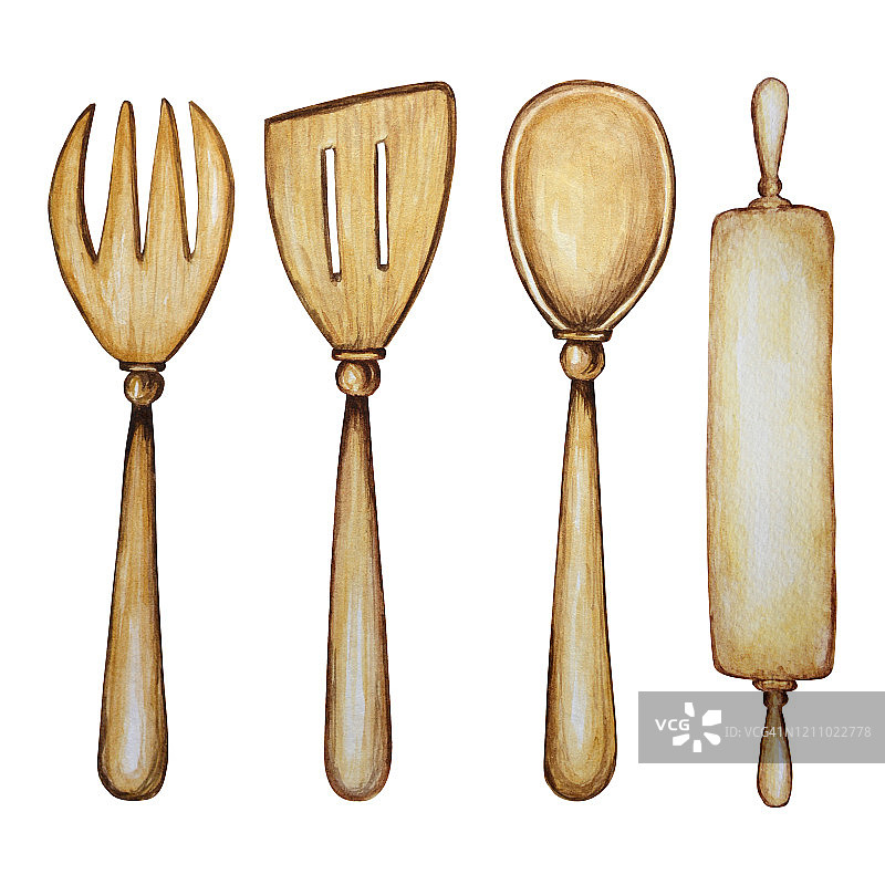 手绘木制厨房配件设置烘烤水彩插图，孤立在白色背景。它的烹饪时间。烘焙工具。勺子，抹刀，叉子，擀面棍图片素材