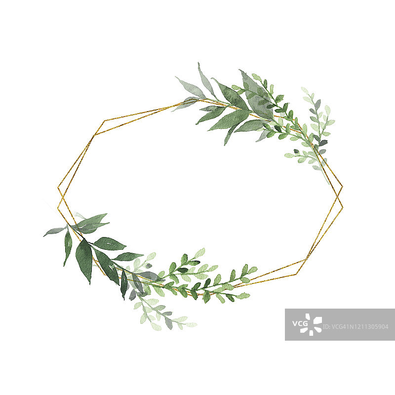 水彩金色几何花环与绿叶，枝，枝植物草本植物孤立图片素材