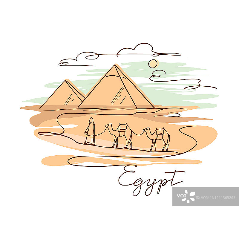 彩色手绘矢量插图的吉萨金字塔，狮身人面像，埃及手绘在白色的背景图片素材