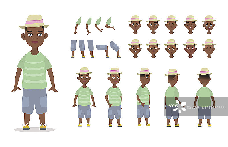 非裔美国男孩性格构造动画与各种观点，姿势，手势，情绪。卡通小男孩图片素材