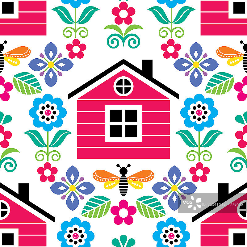 斯堪的纳维亚民间艺术无缝矢量花卉图案与芬兰或挪威的房子，纺织品设计与花的红色，粉色，绿色，蓝色图片素材
