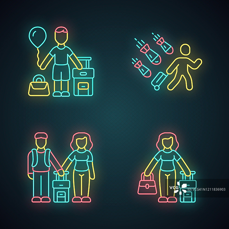 难民霓虹灯图标集。一对夫妇，孩子带着行李箱出国旅行。旅游客运。家庭旅行、度假、旅游。移民的孩子,家庭。发光的迹象。向量孤立的插图图片素材