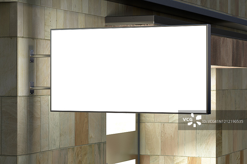 水平招牌或大理石招牌墙上用空白发光的招牌模拟起来。侧视图。图片素材