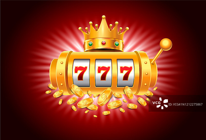 赌场老虎机与皇家皇冠和下落的硬币在红色的背景。矢量图图片素材