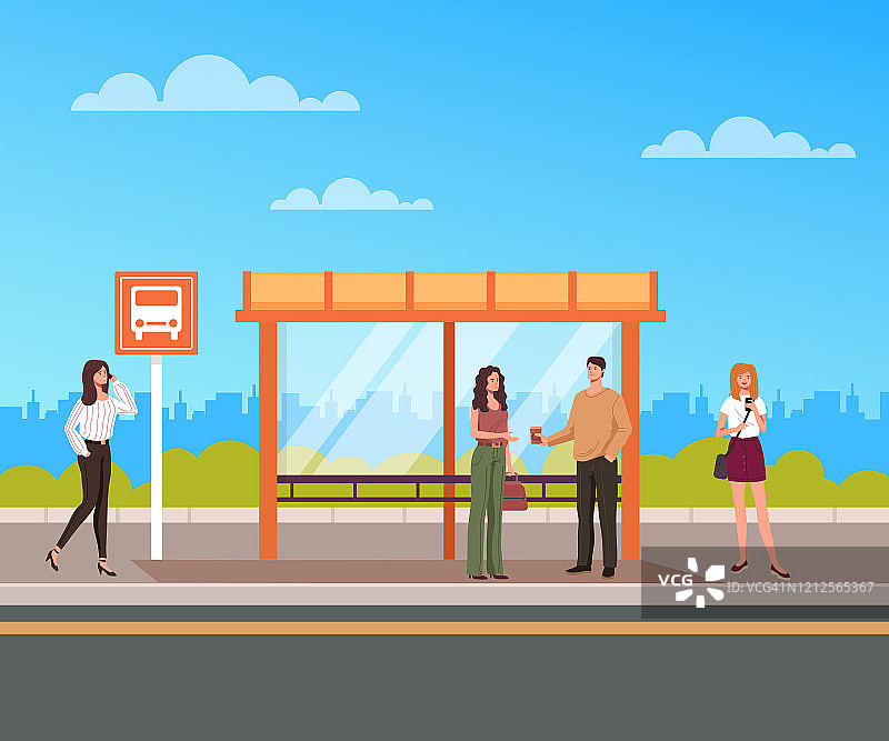 人们刻画了站在公交车站等车的乘客。矢量平面设计插图图片素材
