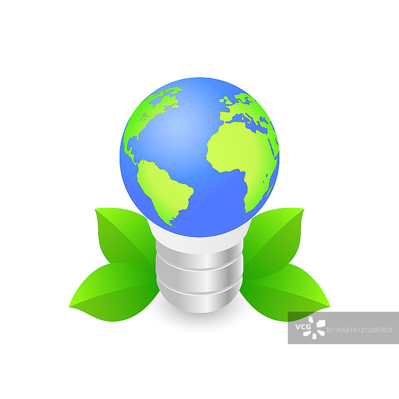 孤立的现实的全球图标在电灯的形式与树叶在白色的背景。生态行动地球一小时，拯救地球。图片素材
