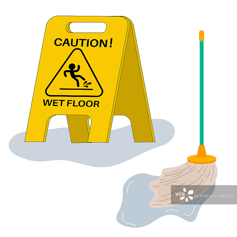 卡通警告湿地板标志上的铭牌在平坦风格的水坑孤立的白色背景。湿拖把。矢量插图。图片素材