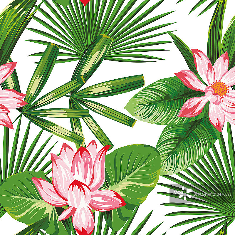 植物无缝图案粉红荷花绿叶白色背景图片素材