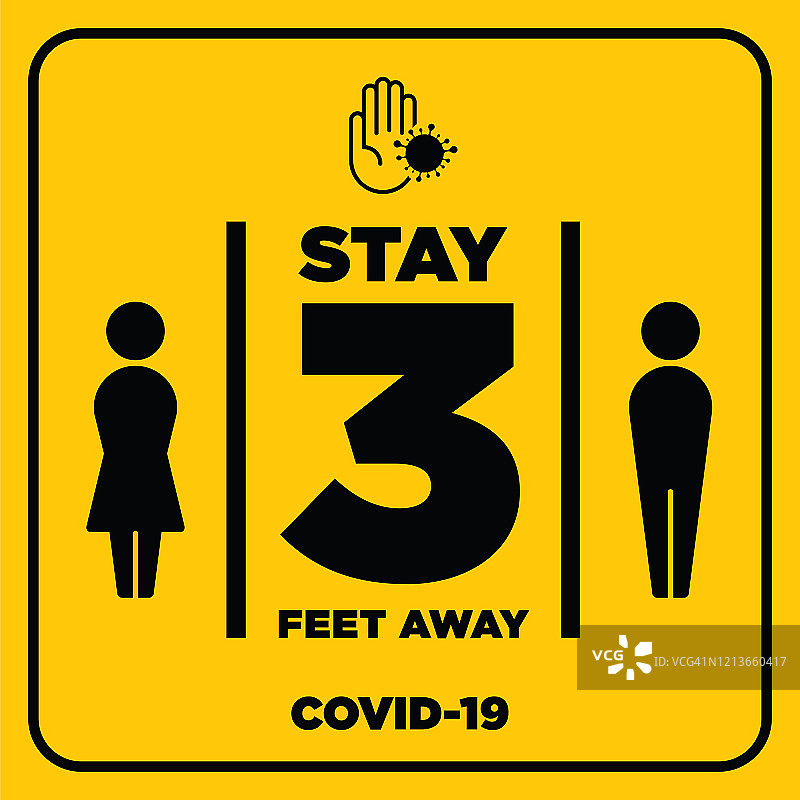社交距离警告信号。黄色警告标志，关于冠状病毒或covid-19病媒插图图片素材