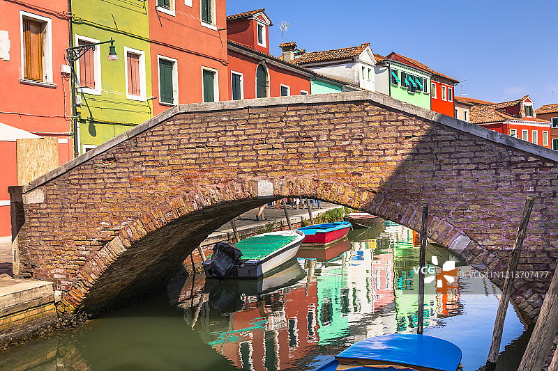 意大利威尼斯，色彩斑斓的布拉诺岛水上运河上的桥图片素材