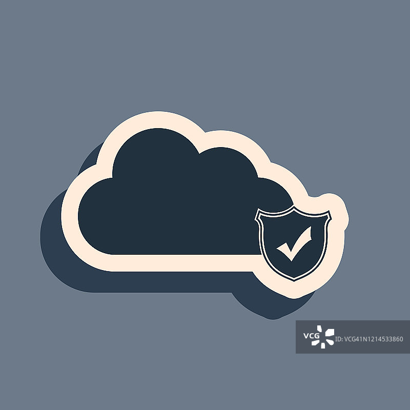黑色的云和盾牌与检查标记图标孤立在灰色背景。云存储数据保护。安全、安全、保护、隐私的理念。长长的阴影风格。矢量图图片素材