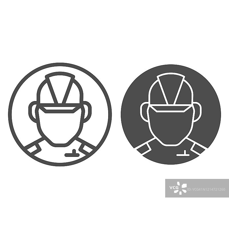 建设者头像线和固体图标。产业工人的脸，男人的制服符号，轮廓风格的象形文字在白色的背景上。建筑标识的移动概念和网页设计。矢量图形。图片素材