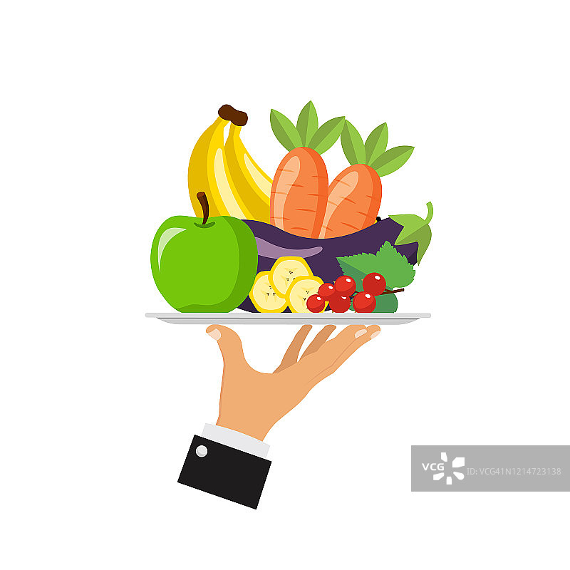 服务员端着一盘新鲜的蔬菜和水果孤立在白色的背景上。图片素材