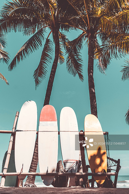 冲浪板和棕榈树与蓝天在海滩的背景。旅游冒险运动和暑假概念。图片素材