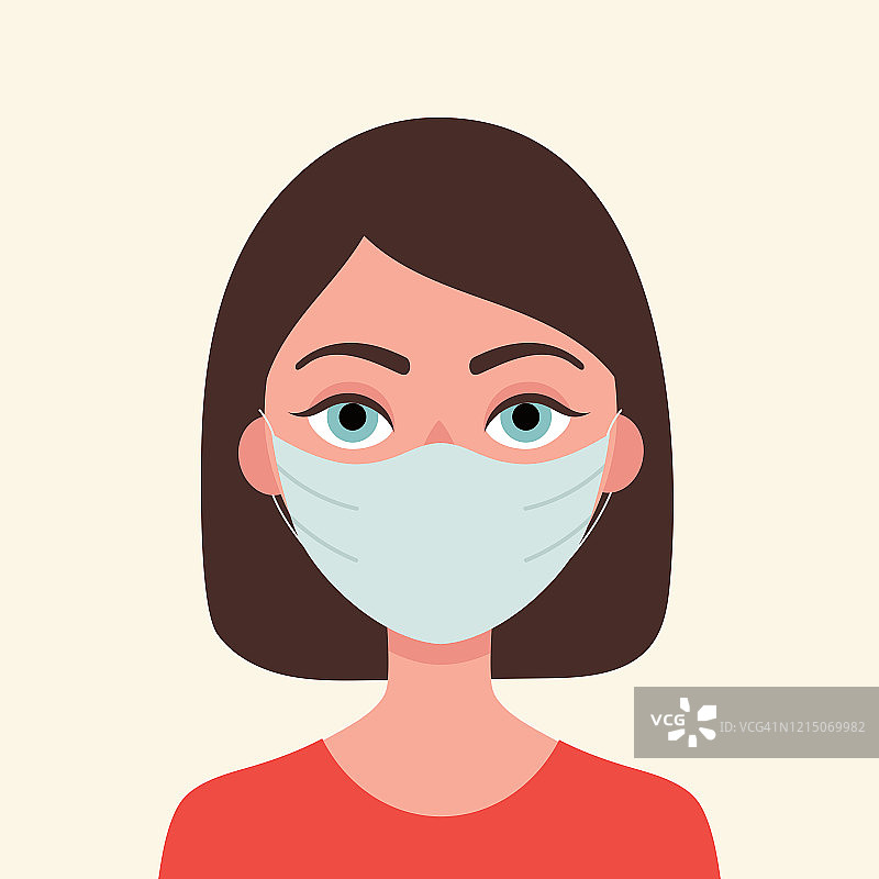 年轻的褐发女人戴着医用面具防范病毒、流感和冠状病毒的概念。预防流行病。平面向量插图。图片素材