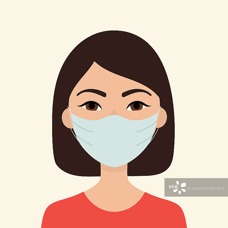 年轻的亚洲女人戴着医用面具防范病毒、流感和冠状病毒的概念。预防流行病。平面向量插图。图片素材