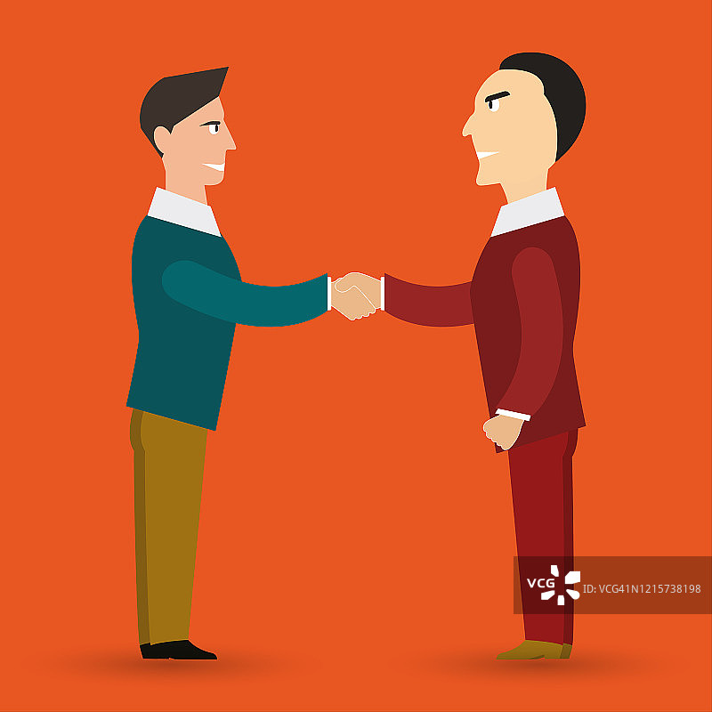 商务会议、交易或协议、合伙或合作。平面卡通矢量插图。商务人士经过协商后握手，达成一致，并以握手的方式完成交易。平面设计的网站等距矢量概念。图片素材