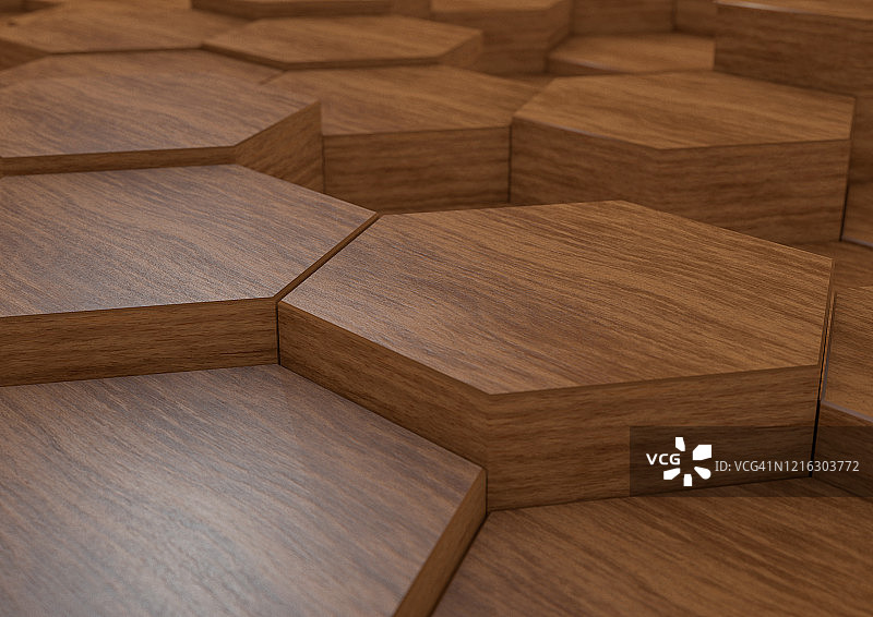 木制六边形立方体的透视与复制空间，作为演示模板的理想背景图片素材