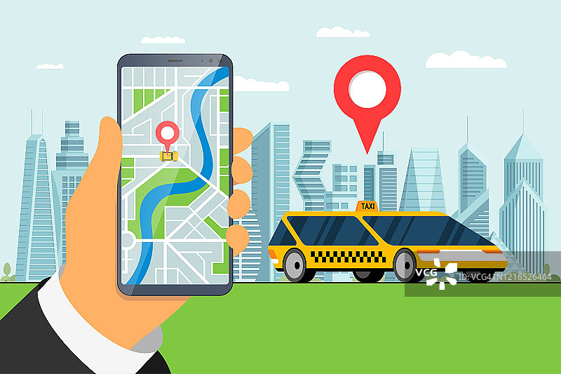 出租车订餐服务app设计。手持智能手机与地理定位gps定位针到达地址城市地图和黄色出租车的概念。网上得到出租车应用平面矢量图图片素材
