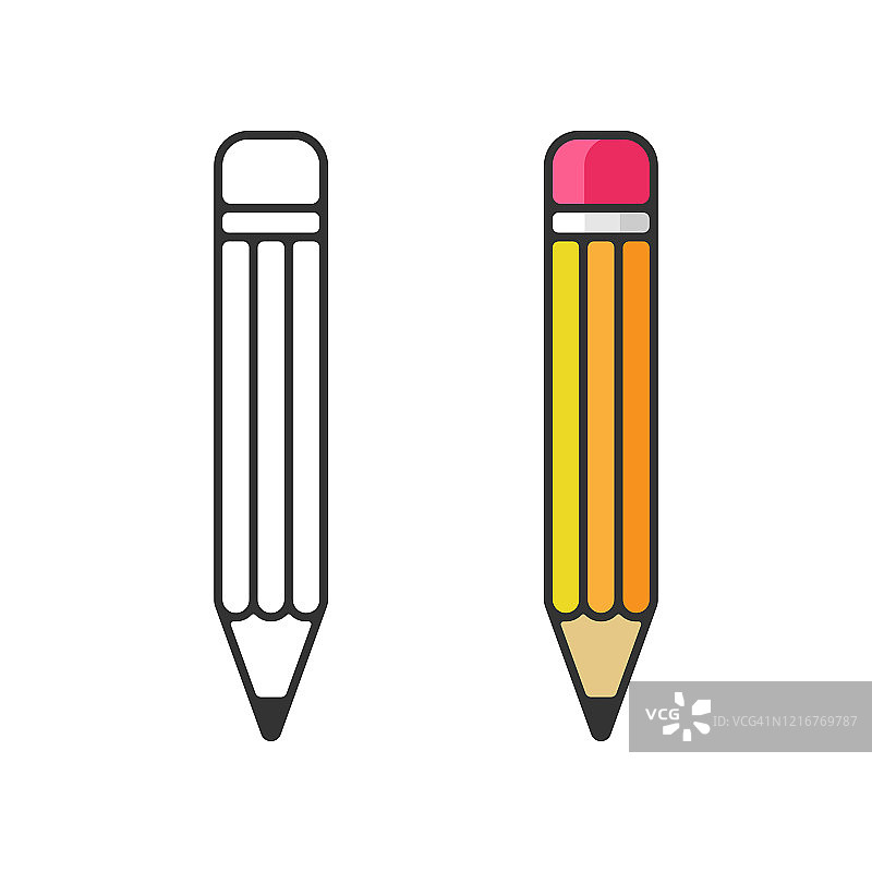 铅笔图标。橡皮笔平面和轮廓设计和回到学校的概念在白色的背景。图片素材