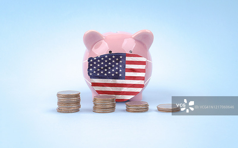 新冠肺炎储蓄罐美国国旗面具经济金融图片素材