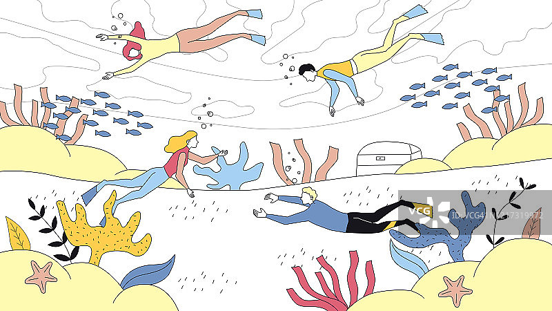水肺潜水的概念。水下水肺潜水员男人和女人潜水在海里。穿着潜水服在海洋中游泳和探索海底的人们。卡通线性轮廓扁平风格。矢量图图片素材