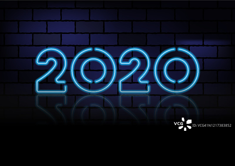 2020年黑色砖墙上的蓝色霓虹灯图片素材