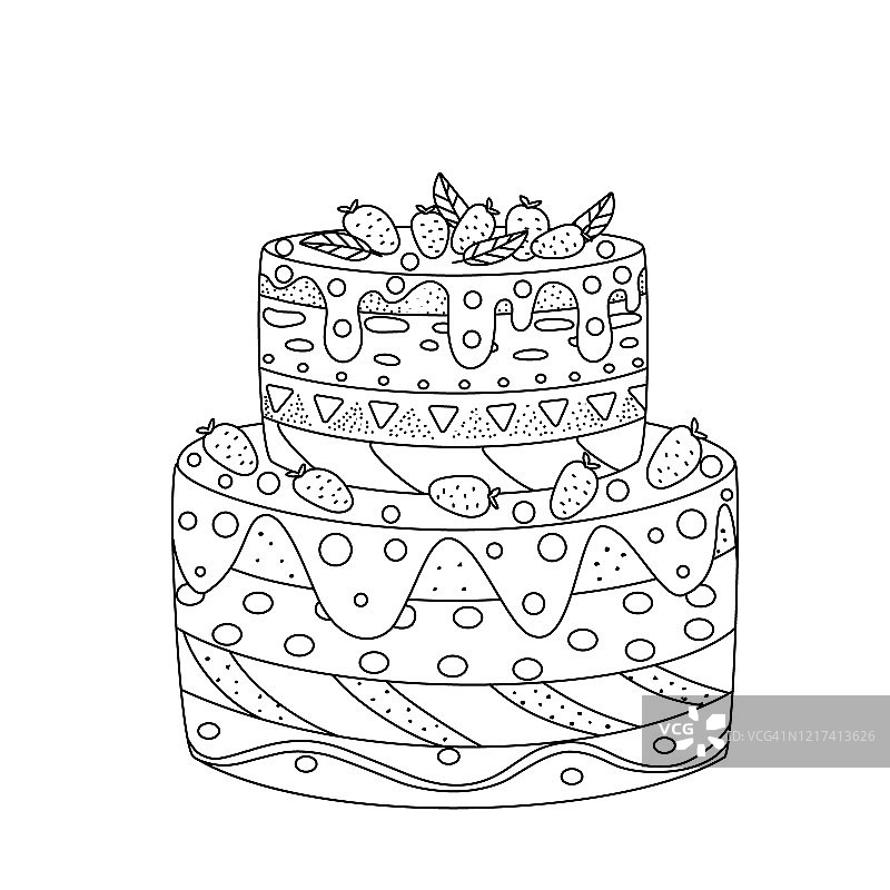 一个简单的蛋糕，有装饰，层次，装饰。手绘矢量插图，黑白线，涂鸦，素描。图片素材