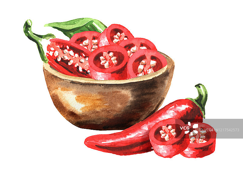 碗里放红辣椒，整颗豆荚，切成两半，切成片。手绘水彩插图，孤立的白色背景图片素材
