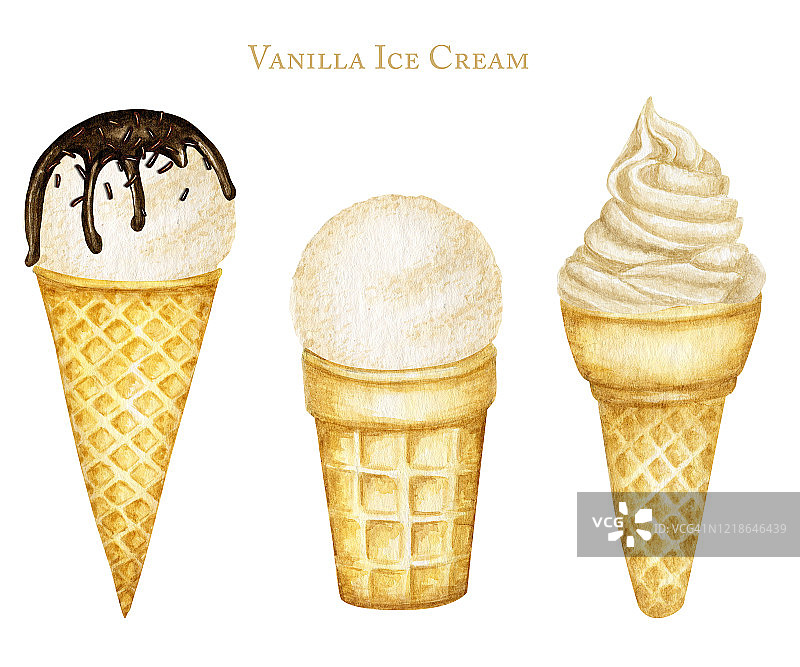 各种香草冰淇淋球装饰巧克力华夫蛋筒。水彩插图孤立的白色背景图片素材
