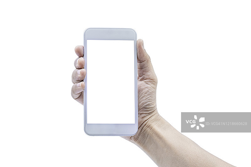 近距离拍摄的人手持白色智能手机与空白白屏幕显示模型孤立在白色背景与剪辑路径。手机技术与数字现代。图片素材