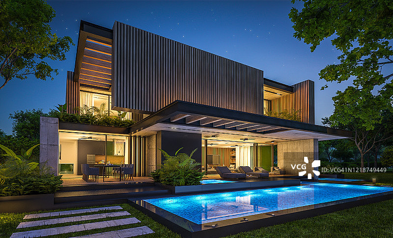 现代住宅的3d渲染与木板立面在晚上图片素材