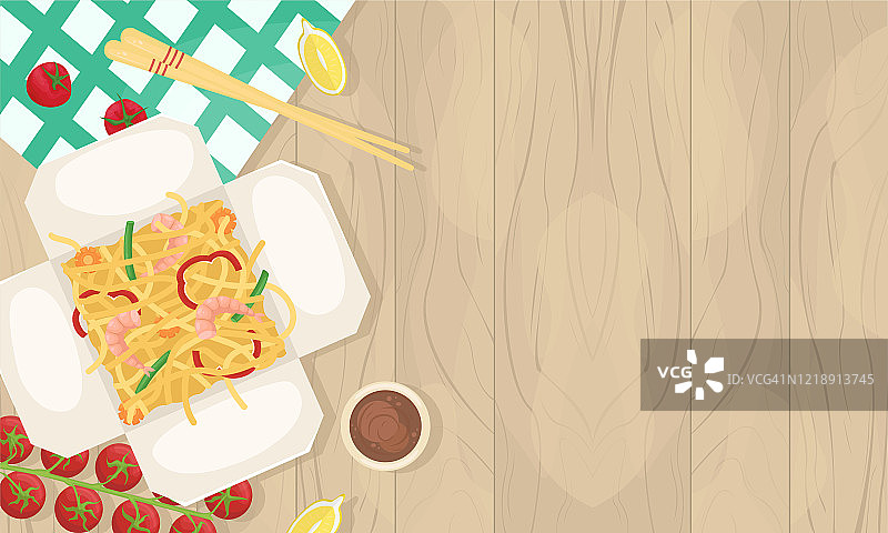 用盒子把中国食物送到你家里。盒装亚洲食品。虾仁蔬菜炒面。平的插图。图片素材
