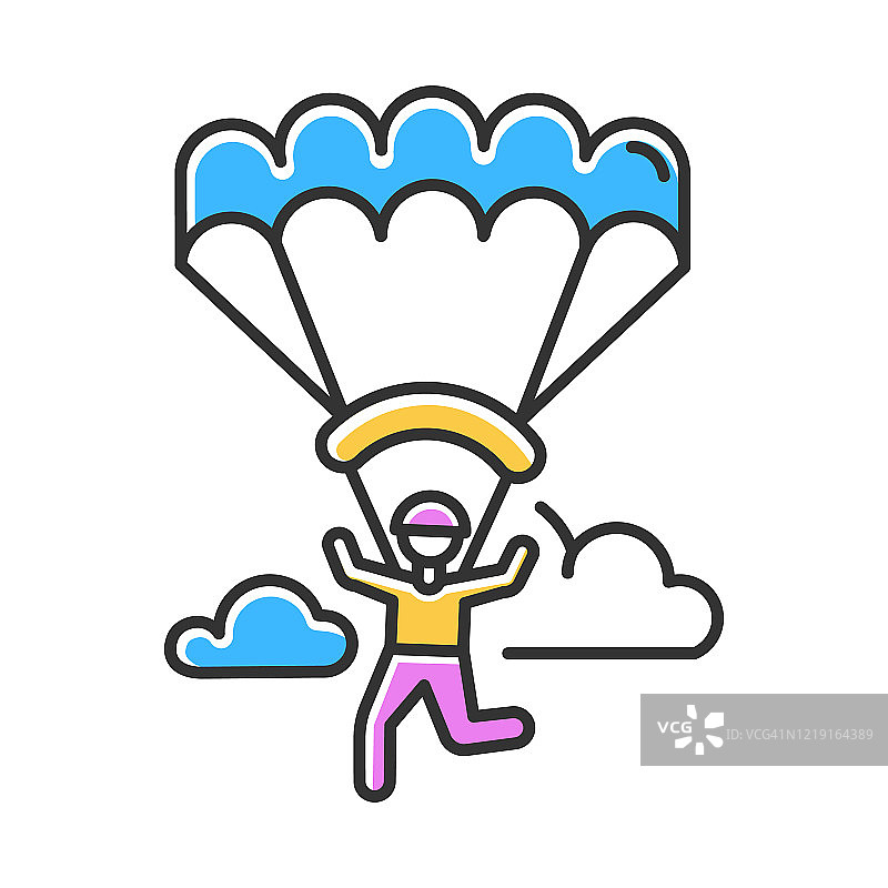 飞行伞颜色图标。跳伞，跳伞活动。极限运动。跳伞，悬挂式滑翔娱乐。在空中飞行和跳伞。孤立的矢量图图片素材