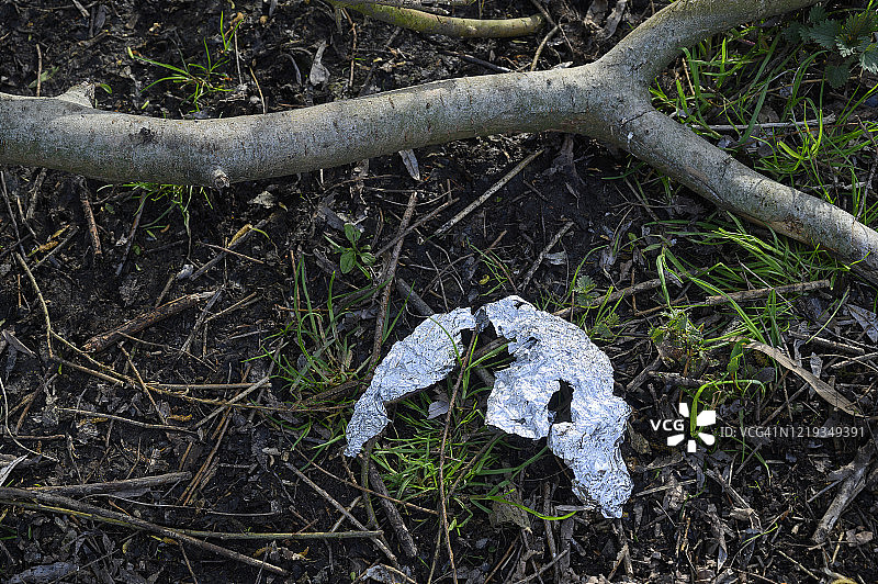 废弃的铝箔包装在森林里。图片素材