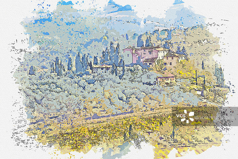 意大利世界遗产圣吉米尼亚诺旧城水彩画。图片素材