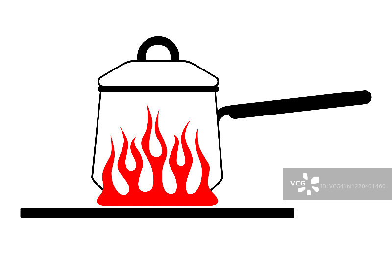 有把手的卡通平底锅，盖子盖在一个红色的煤气炉上。向量图像厨房锅在火。矢量图图片素材