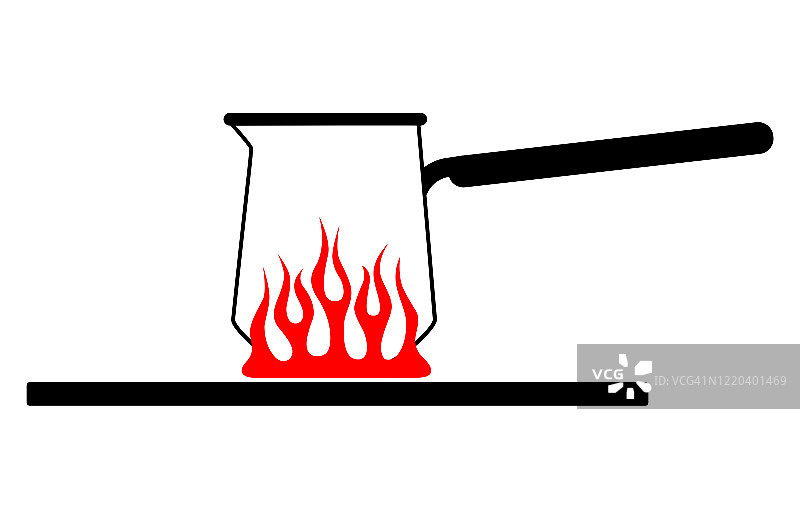 红色煤气炉上有把手的卡通小咖啡壶。厨房咖啡壶着火的矢量图像。矢量图图片素材
