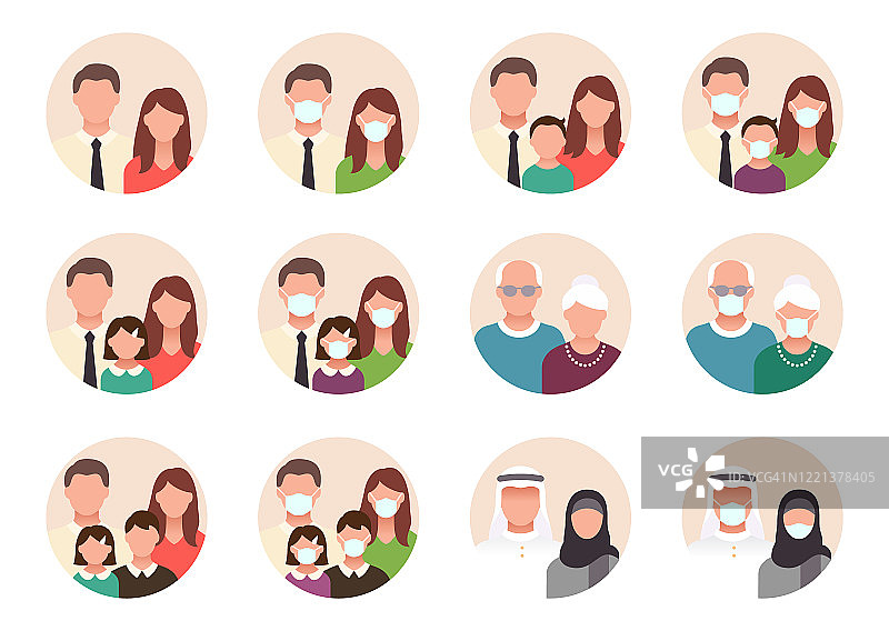 人们化身为平面图标。矢量插图包括图标为男子，女性头，穆斯林，长者，家庭和夫妇的人脸象形图用户档案。圆形彩色卡通人像图片素材